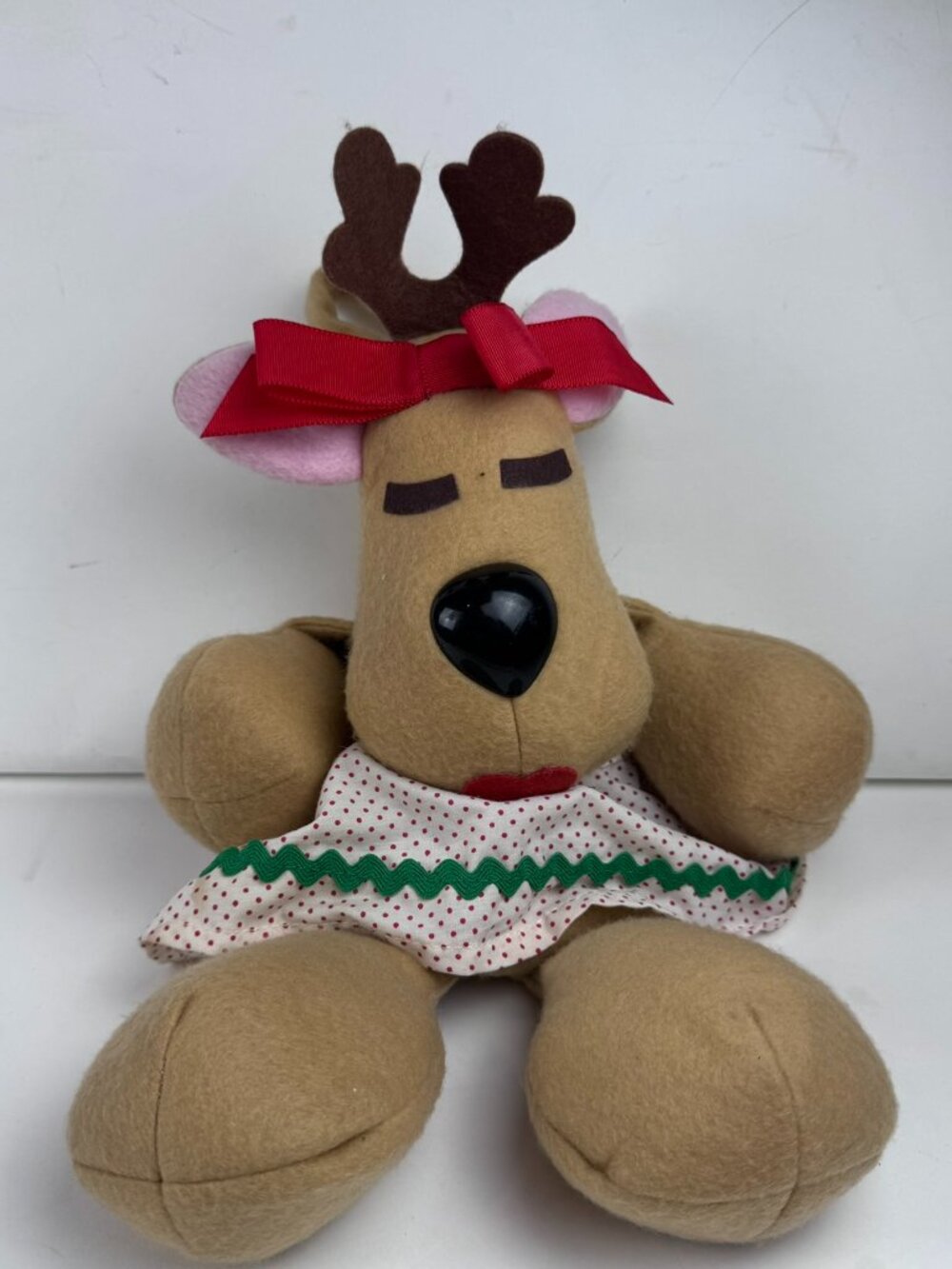 Vintage Christmas Reindeer Plush Doll Felt Deer Polka Dot Dress Wall Hanging 15"